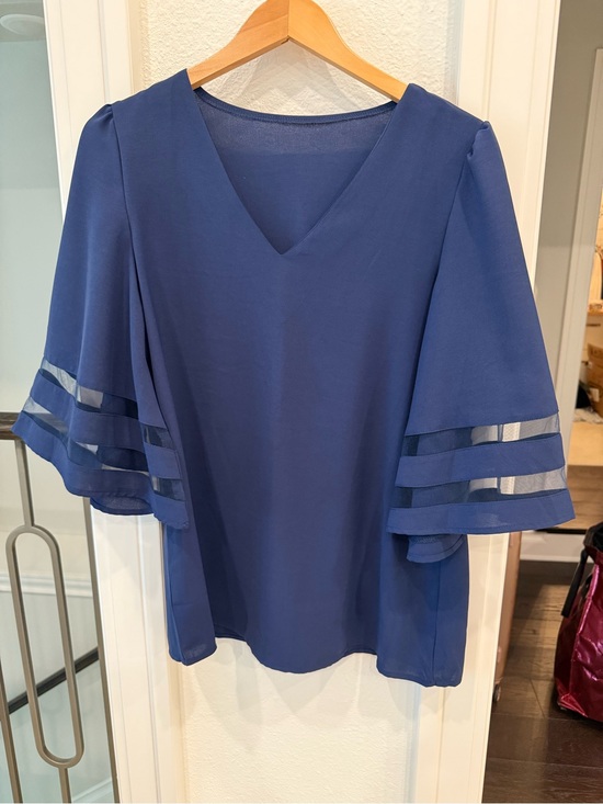 Tops - Blue V-Neck Blouse Mesh Inset Bell Sleeves Size Large